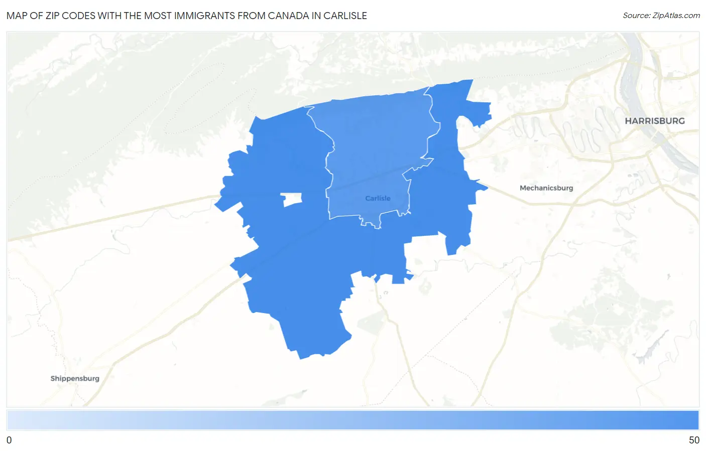 Zip Codes with the Most Immigrants from Canada in Carlisle Map