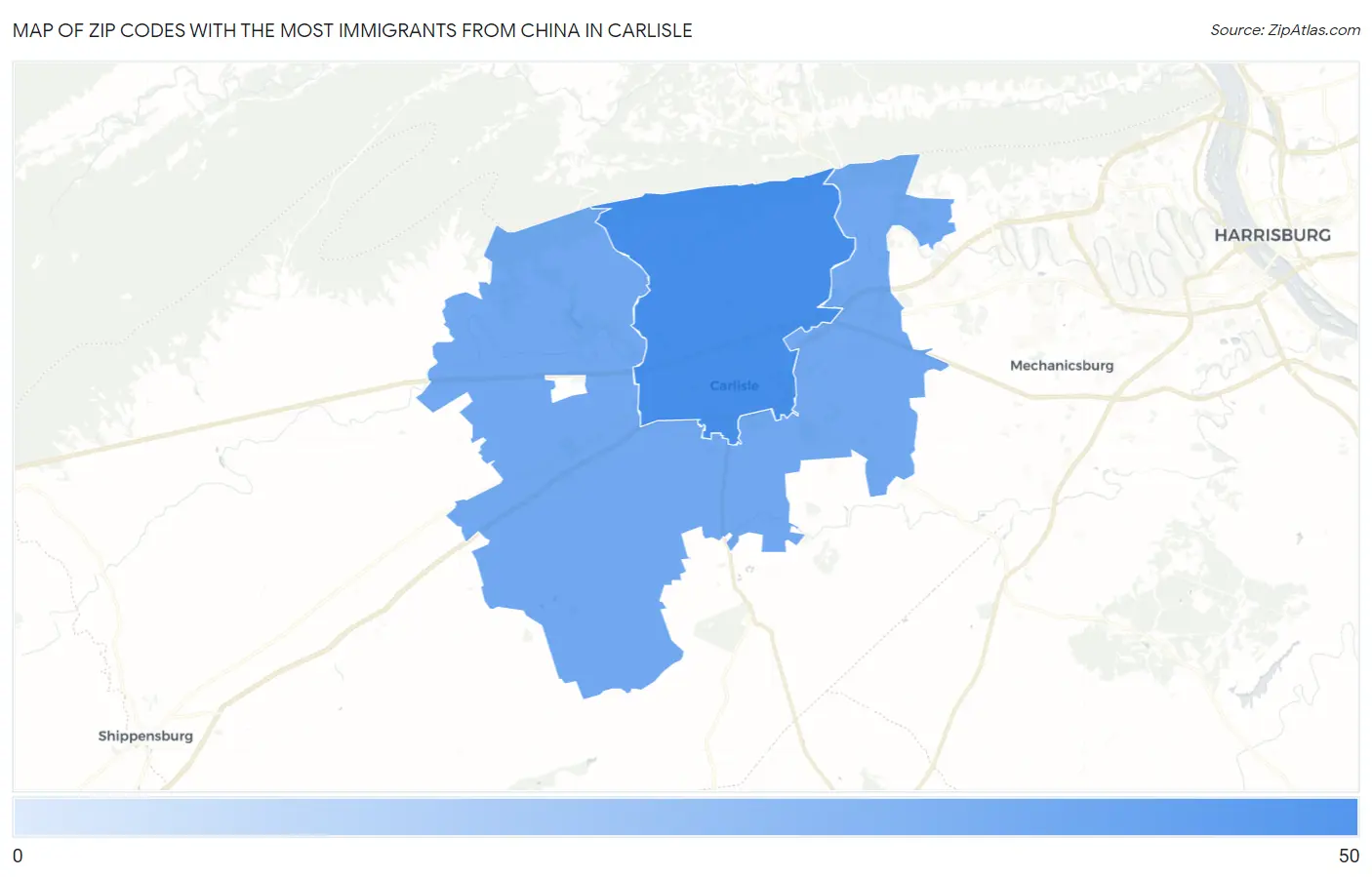 Zip Codes with the Most Immigrants from China in Carlisle Map