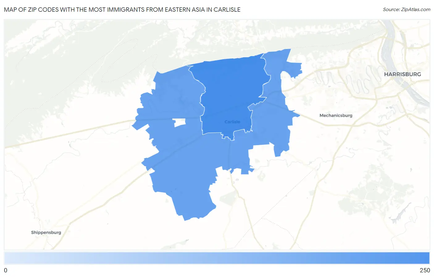 Zip Codes with the Most Immigrants from Eastern Asia in Carlisle Map
