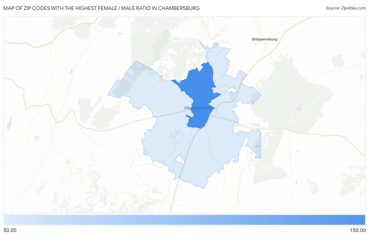 Zip Codes with the Highest Female / Male Ratio in Chambersburg Map