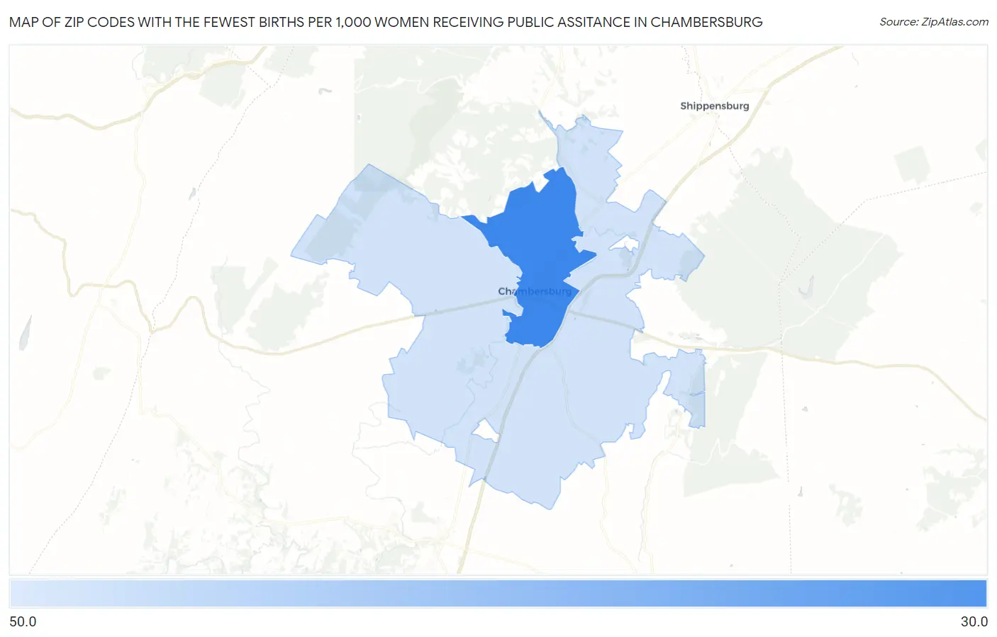 Zip Codes with the Fewest Births per 1,000 Women Receiving Public Assitance in Chambersburg Map