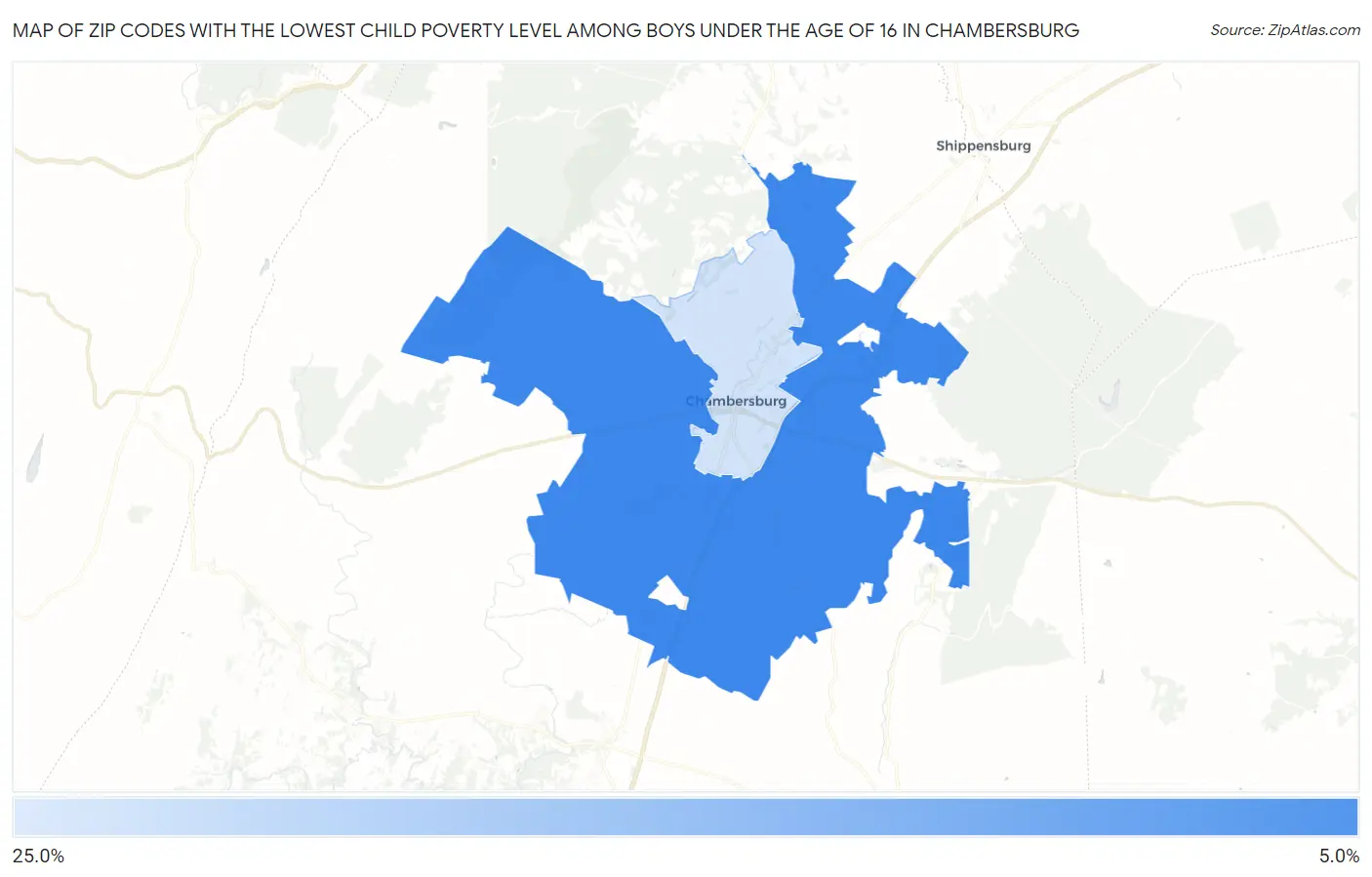 Zip Codes with the Lowest Child Poverty Level Among Boys Under the Age of 16 in Chambersburg Map