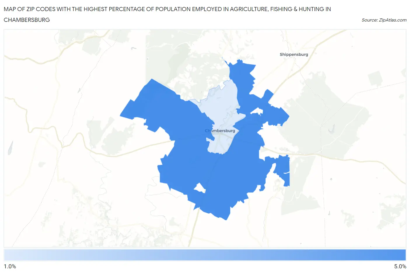 Zip Codes with the Highest Percentage of Population Employed in Agriculture, Fishing & Hunting in Chambersburg Map