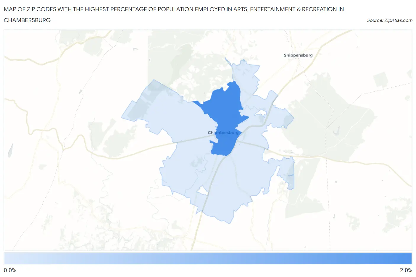 Zip Codes with the Highest Percentage of Population Employed in Arts, Entertainment & Recreation in Chambersburg Map