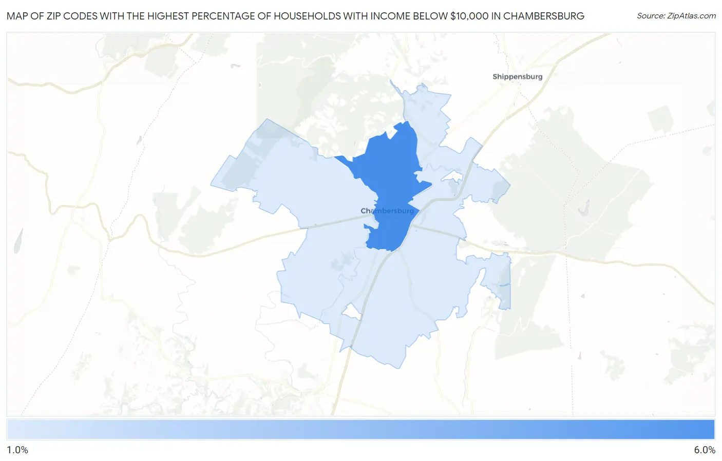 Zip Codes with the Highest Percentage of Households with Income Below $10,000 in Chambersburg Map