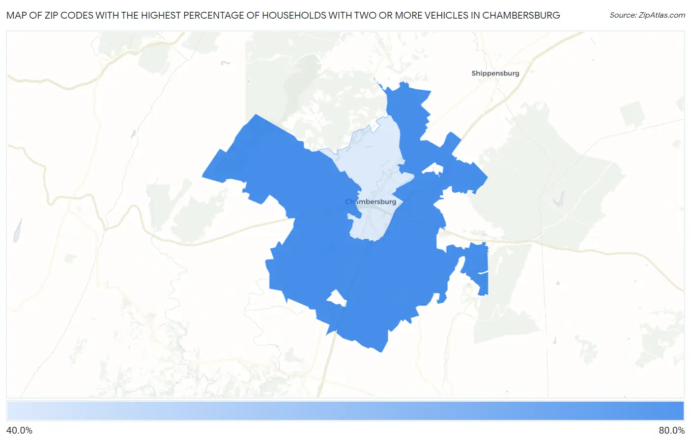 Zip Codes with the Highest Percentage of Households With Two or more Vehicles in Chambersburg Map
