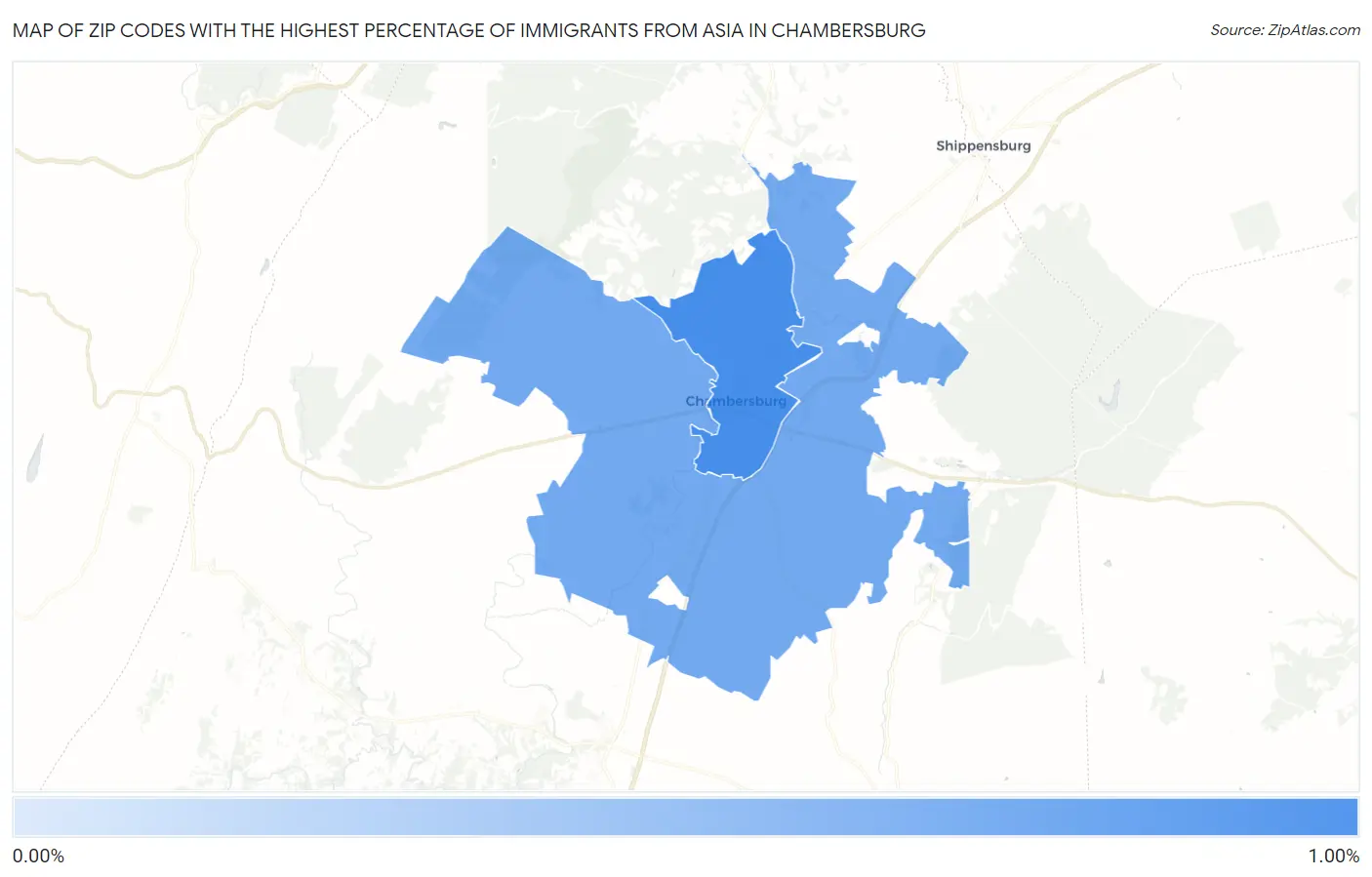 Zip Codes with the Highest Percentage of Immigrants from Asia in Chambersburg Map