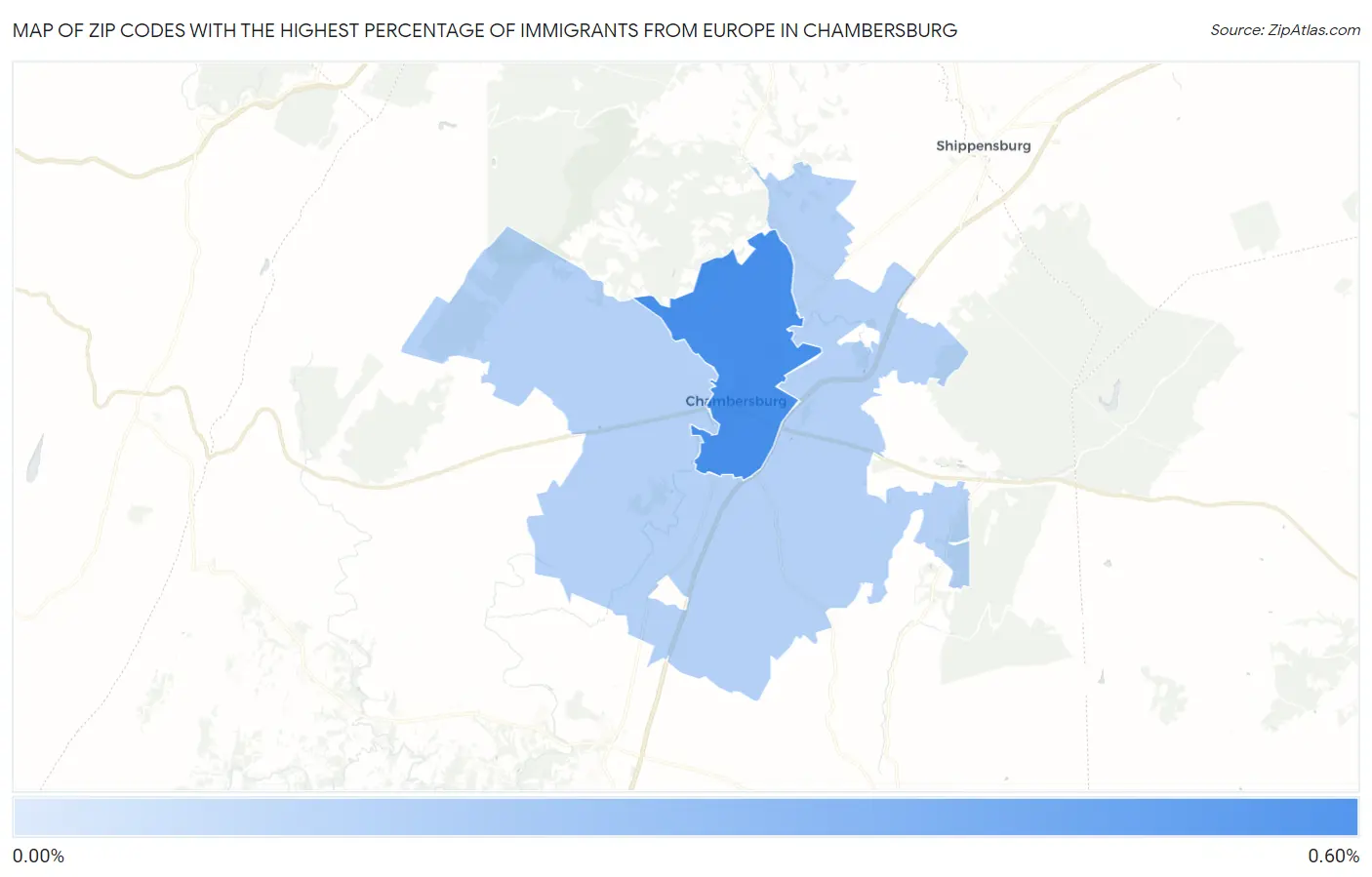 Zip Codes with the Highest Percentage of Immigrants from Europe in Chambersburg Map