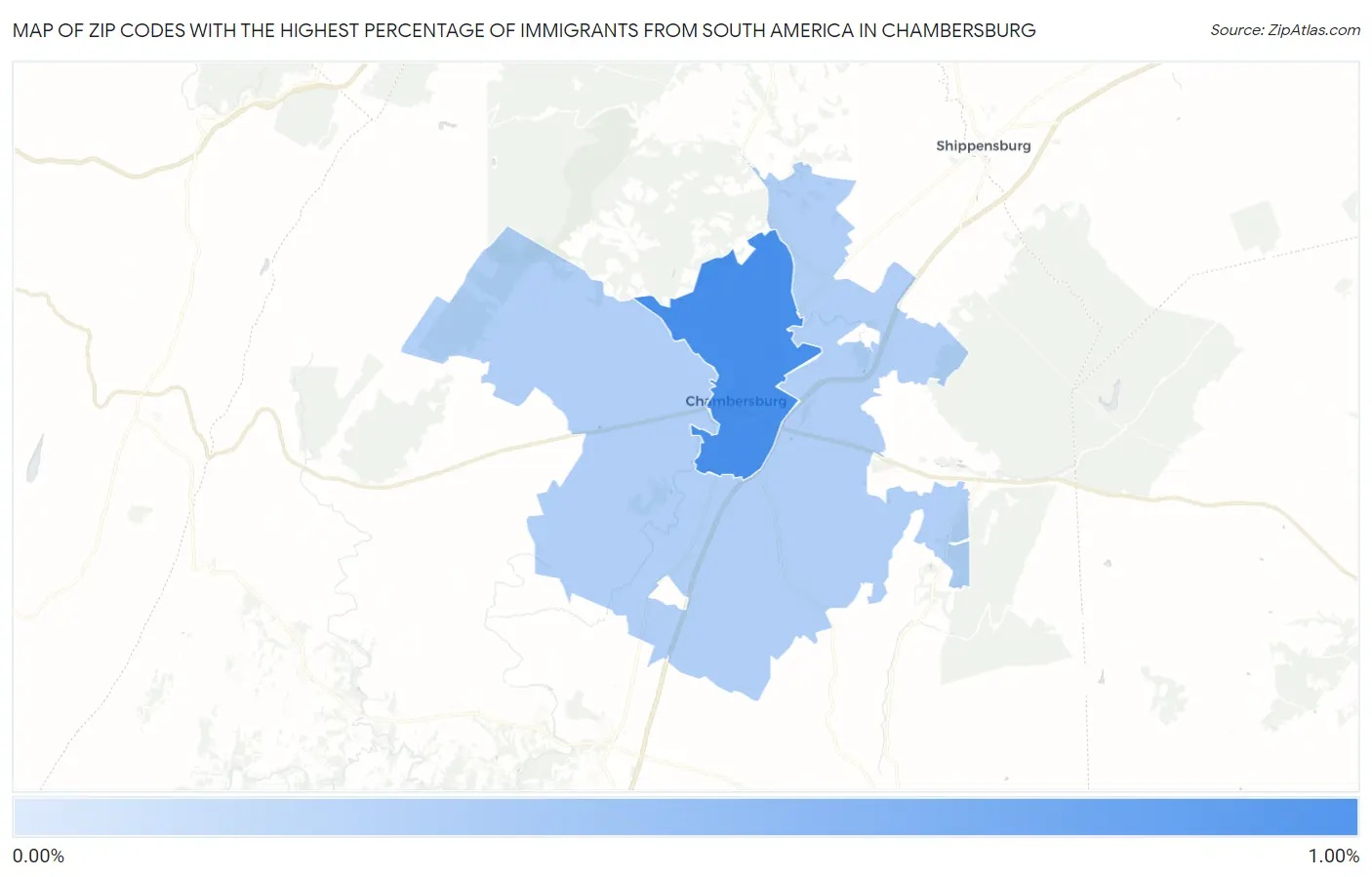 Zip Codes with the Highest Percentage of Immigrants from South America in Chambersburg Map