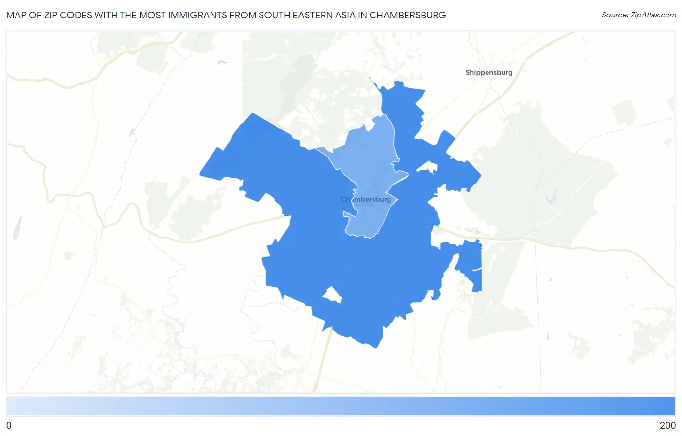 Zip Codes with the Most Immigrants from South Eastern Asia in Chambersburg Map