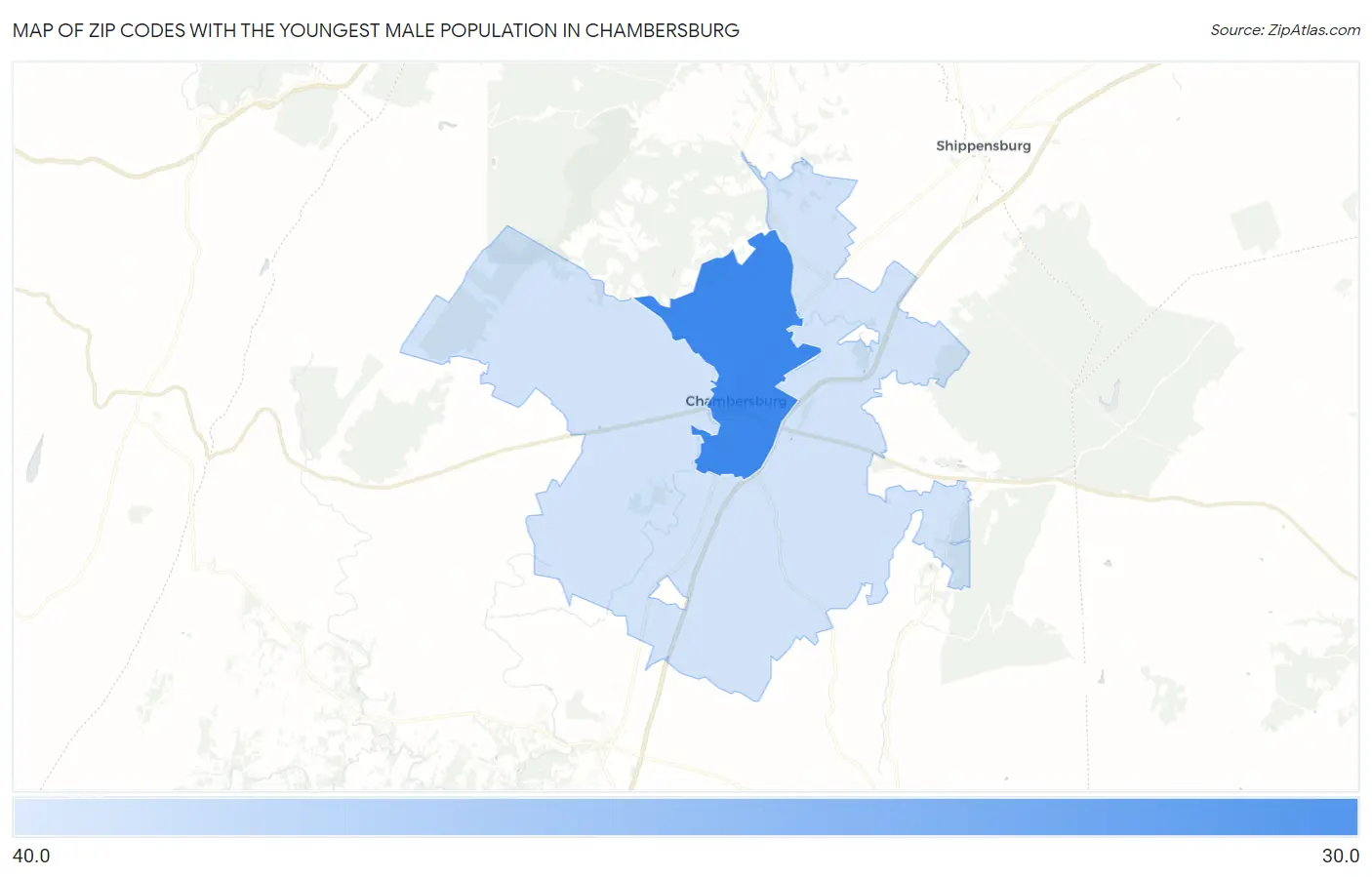 Zip Codes with the Youngest Male Population in Chambersburg Map