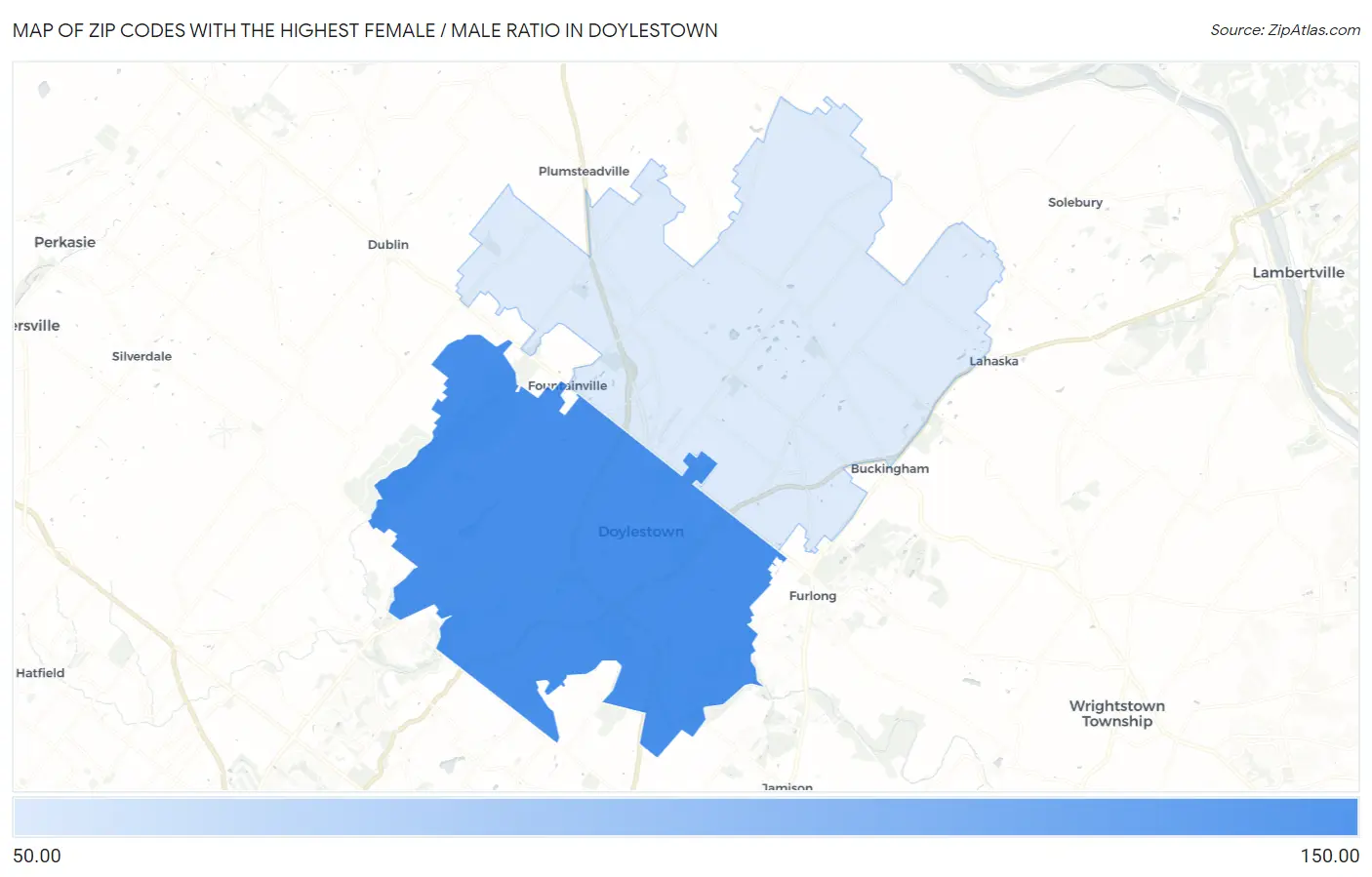 Zip Codes with the Highest Female / Male Ratio in Doylestown Map