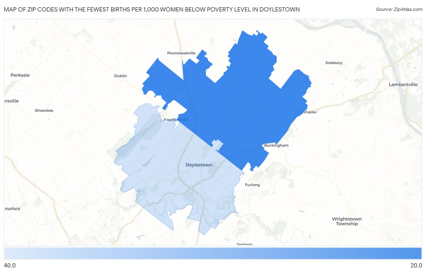 Zip Codes with the Fewest Births per 1,000 Women Below Poverty Level in Doylestown Map