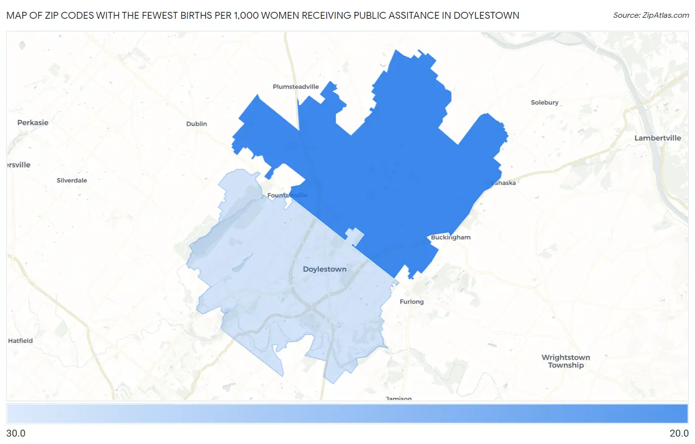 Zip Codes with the Fewest Births per 1,000 Women Receiving Public Assitance in Doylestown Map