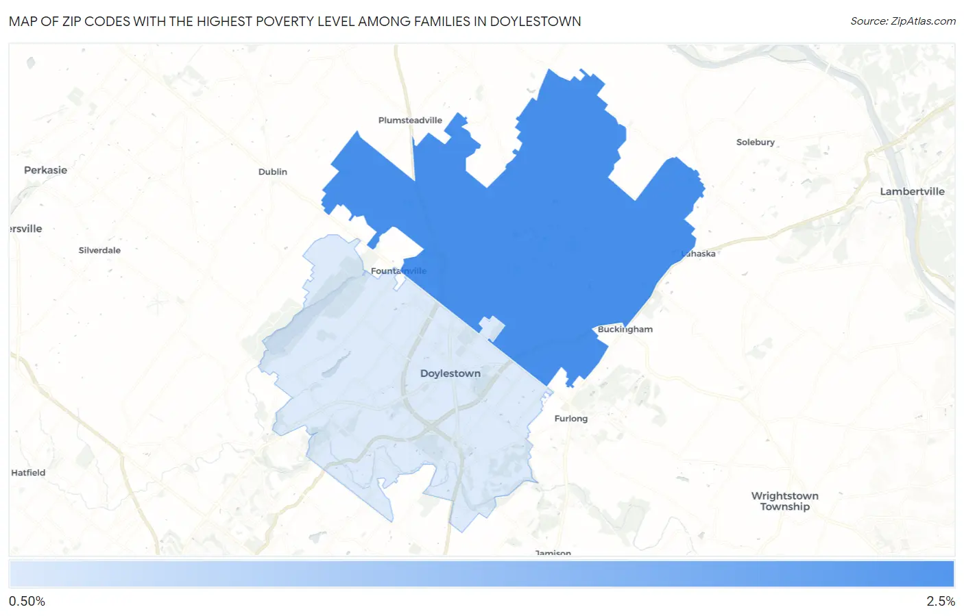 Zip Codes with the Highest Poverty Level Among Families in Doylestown Map