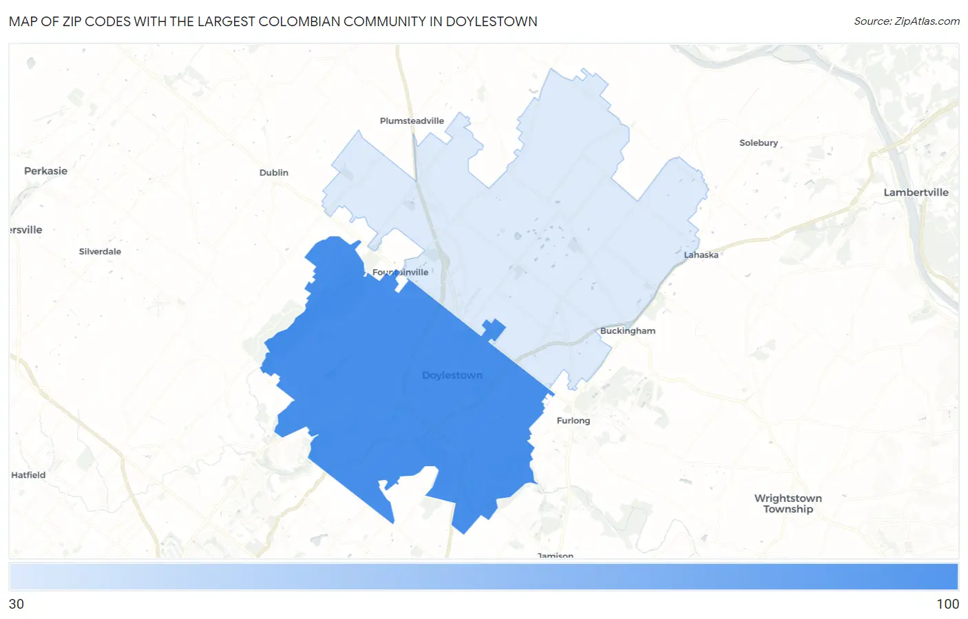 Zip Codes with the Largest Colombian Community in Doylestown Map