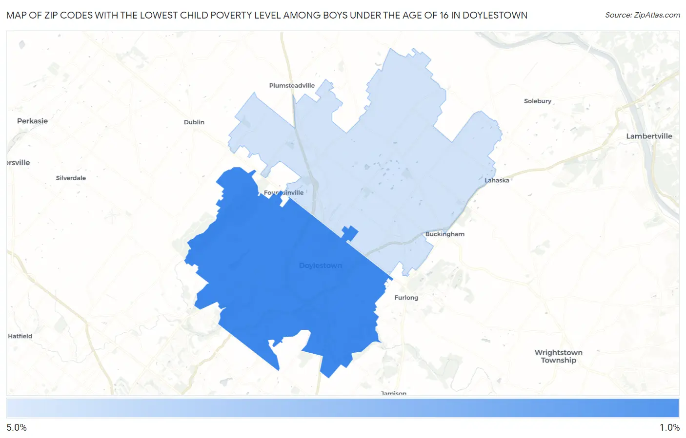 Zip Codes with the Lowest Child Poverty Level Among Boys Under the Age of 16 in Doylestown Map
