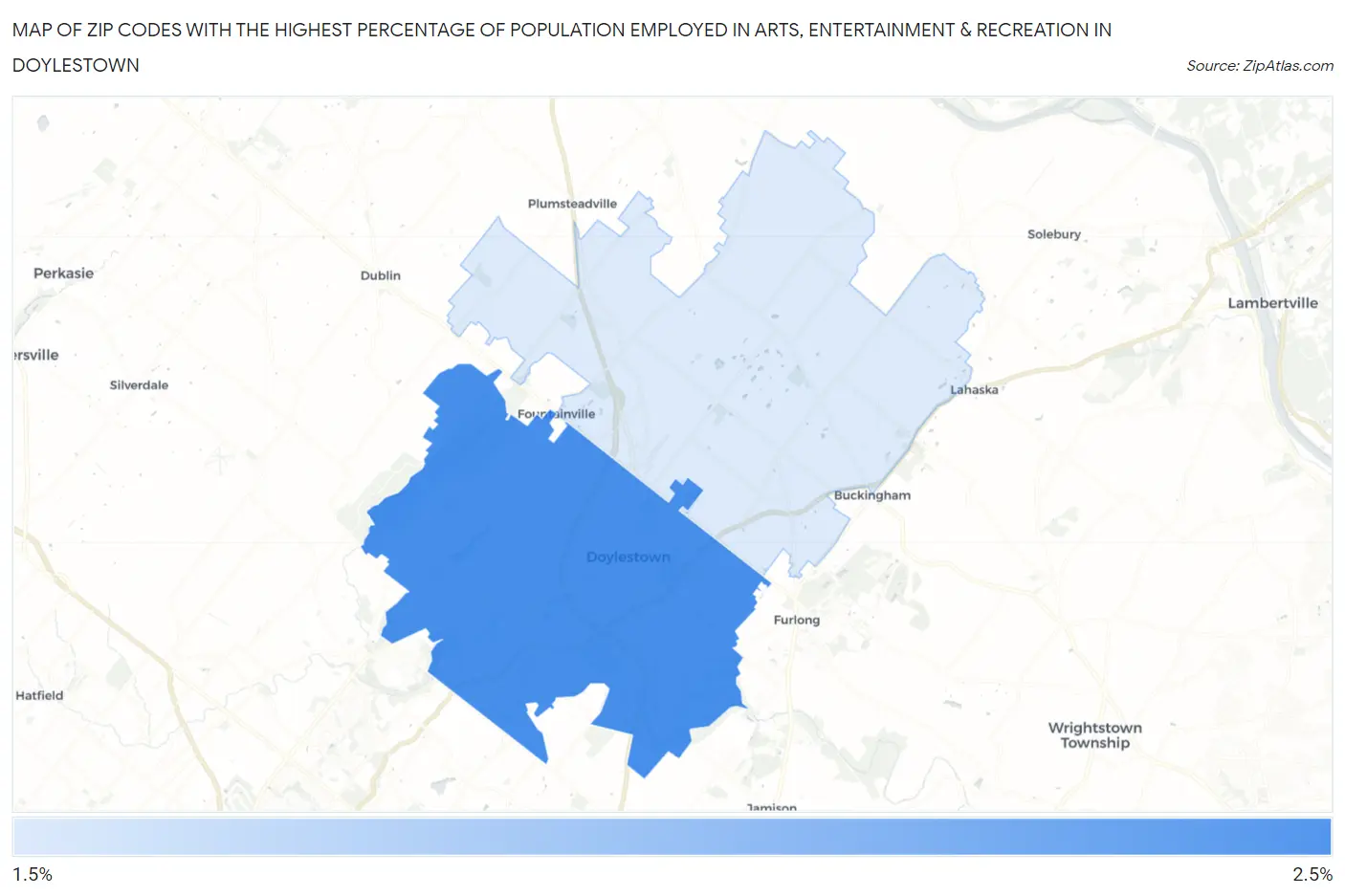 Zip Codes with the Highest Percentage of Population Employed in Arts, Entertainment & Recreation in Doylestown Map