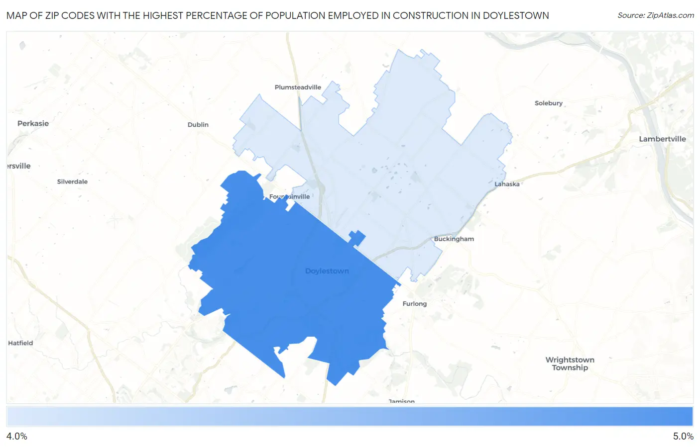 Zip Codes with the Highest Percentage of Population Employed in Construction in Doylestown Map