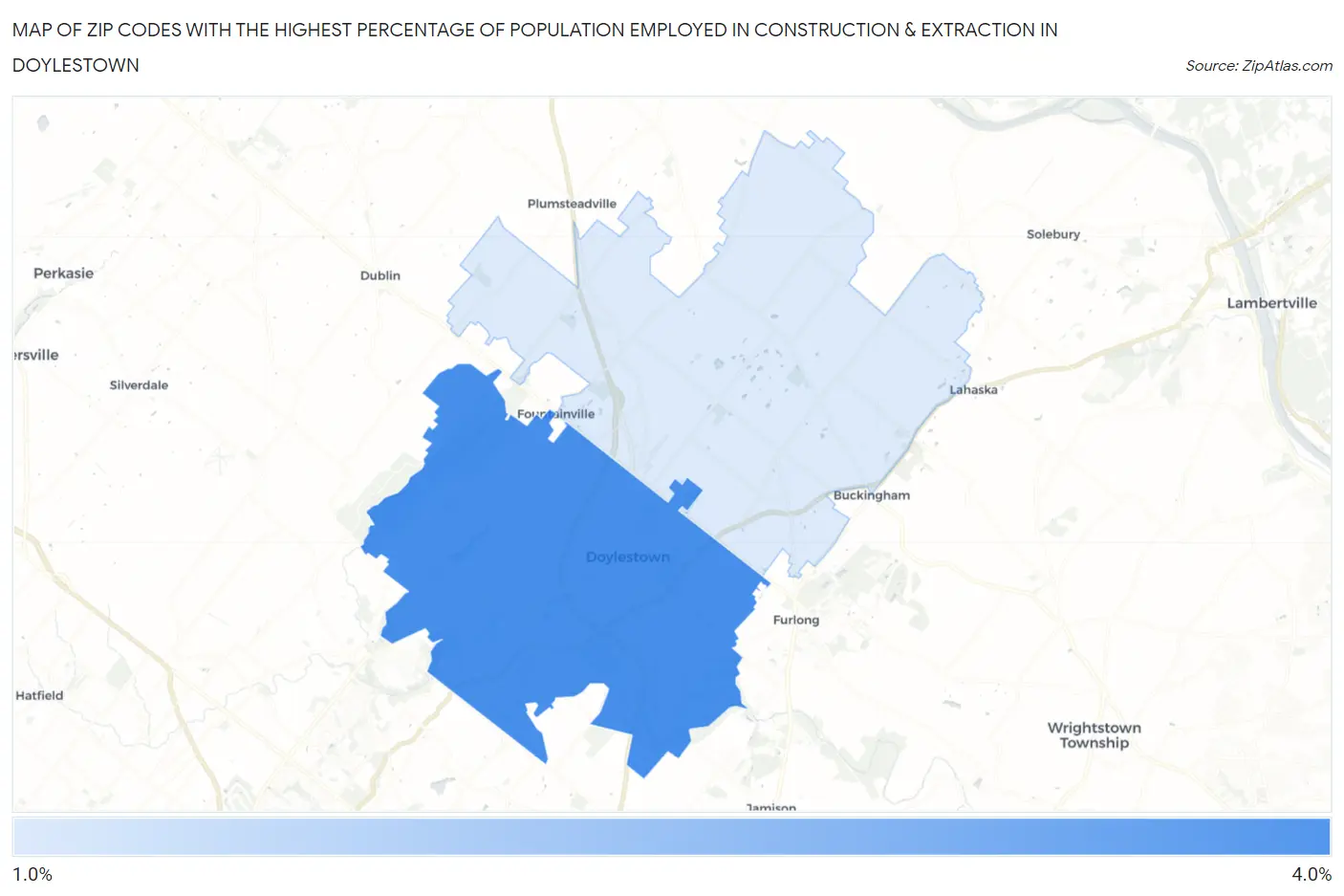 Zip Codes with the Highest Percentage of Population Employed in Construction & Extraction in Doylestown Map