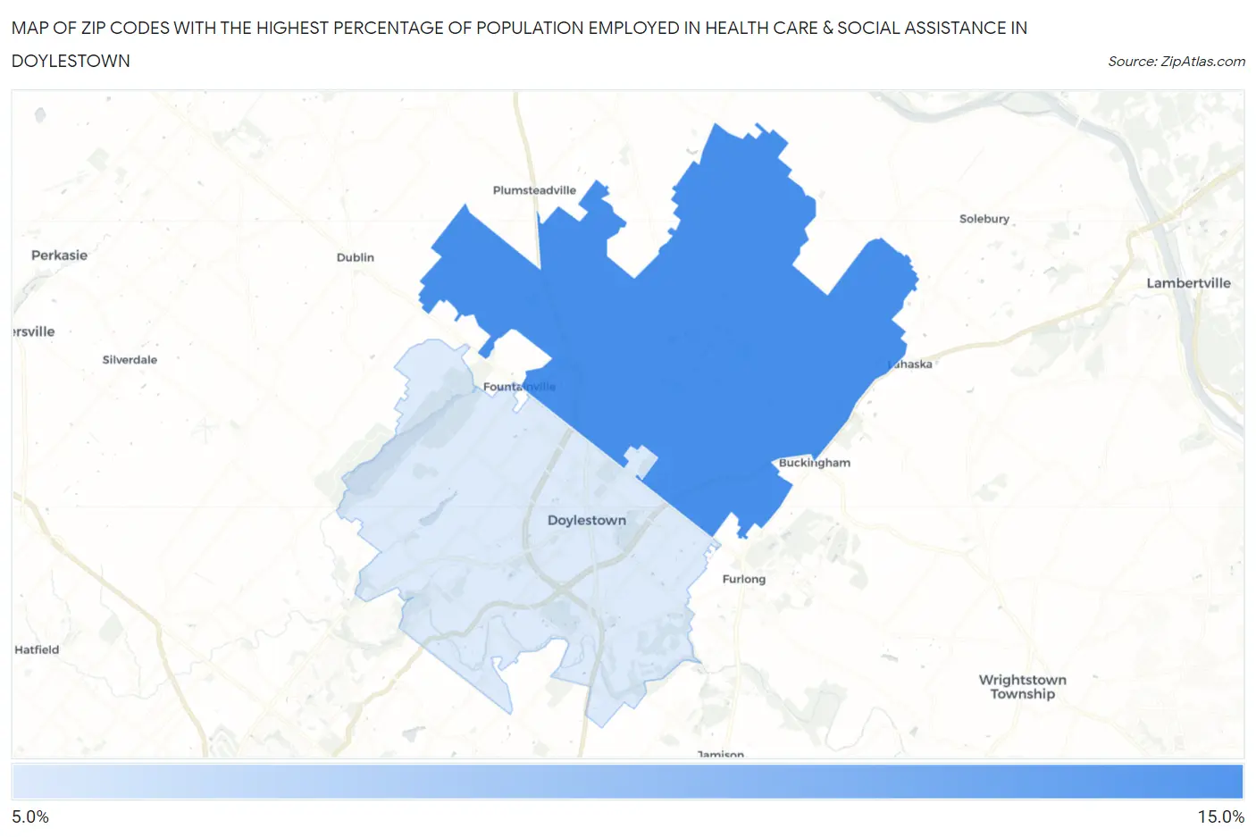 Zip Codes with the Highest Percentage of Population Employed in Health Care & Social Assistance in Doylestown Map