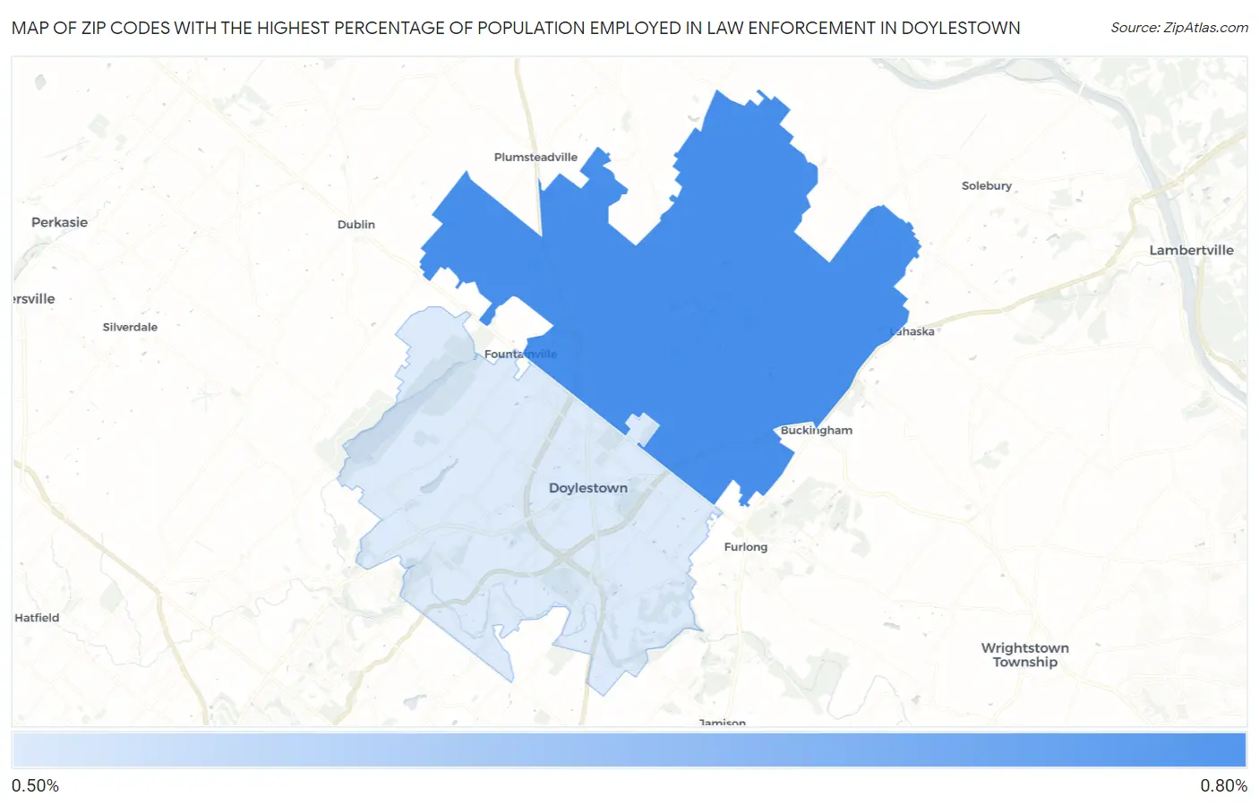 Zip Codes with the Highest Percentage of Population Employed in Law Enforcement in Doylestown Map