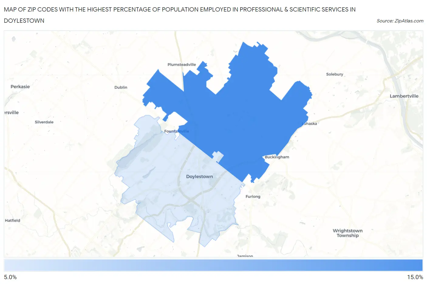 Zip Codes with the Highest Percentage of Population Employed in Professional & Scientific Services in Doylestown Map