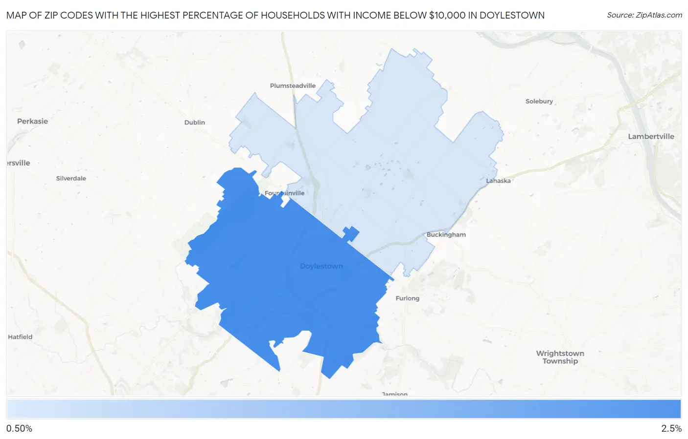 Zip Codes with the Highest Percentage of Households with Income Below $10,000 in Doylestown Map