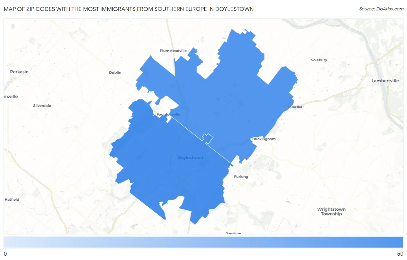 Zip Codes with the Most Immigrants from Southern Europe in Doylestown Map
