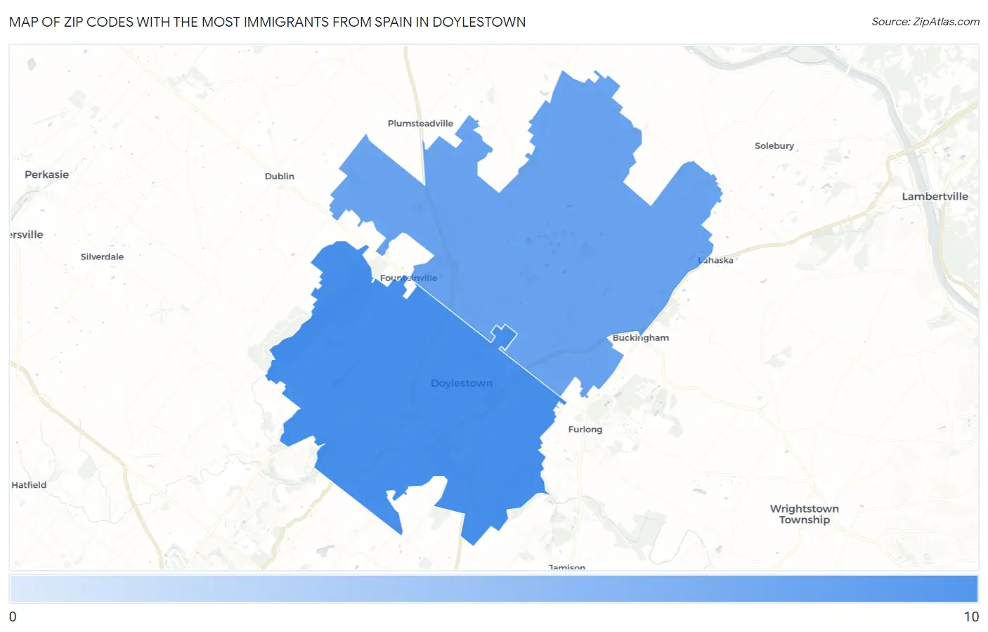 Zip Codes with the Most Immigrants from Spain in Doylestown Map