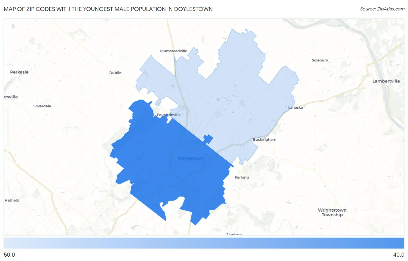 Zip Codes with the Youngest Male Population in Doylestown Map
