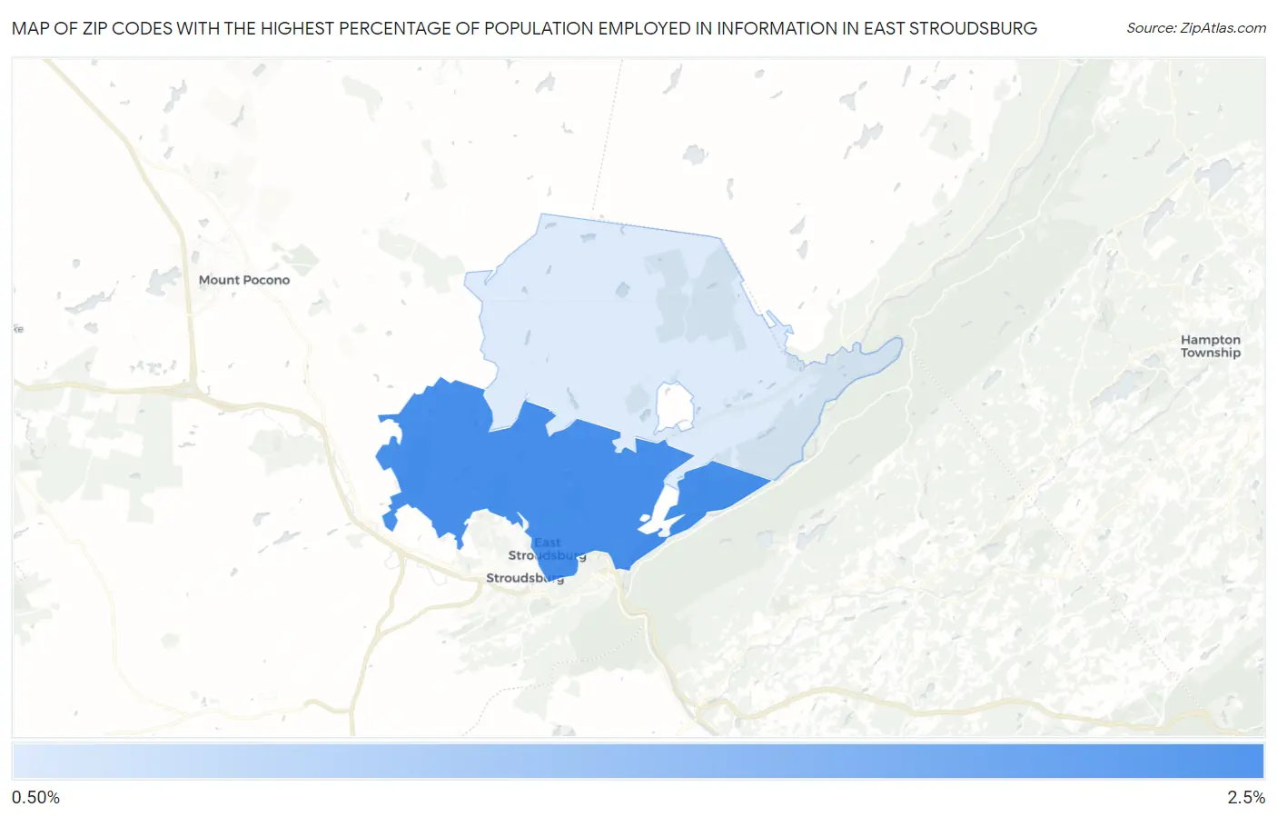 Zip Codes with the Highest Percentage of Population Employed in Information in East Stroudsburg Map