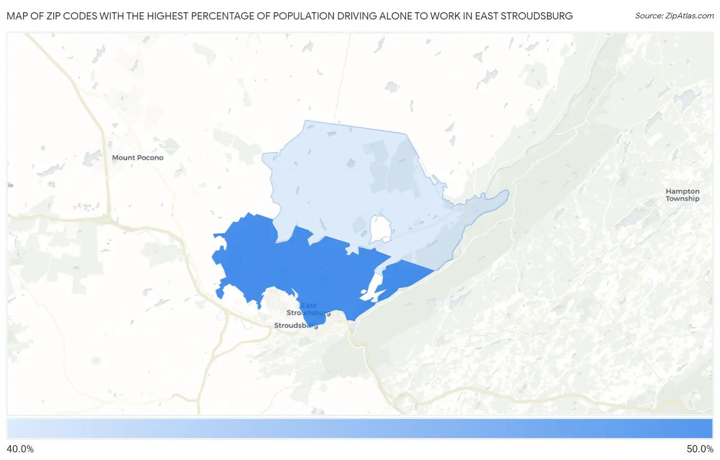 Zip Codes with the Highest Percentage of Population Driving Alone to Work in East Stroudsburg Map