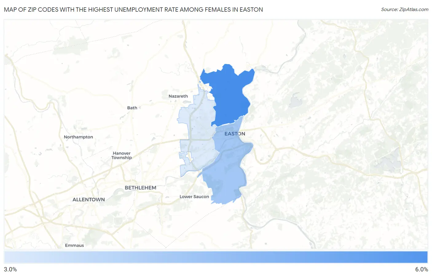 Zip Codes with the Highest Unemployment Rate Among Females in Easton Map