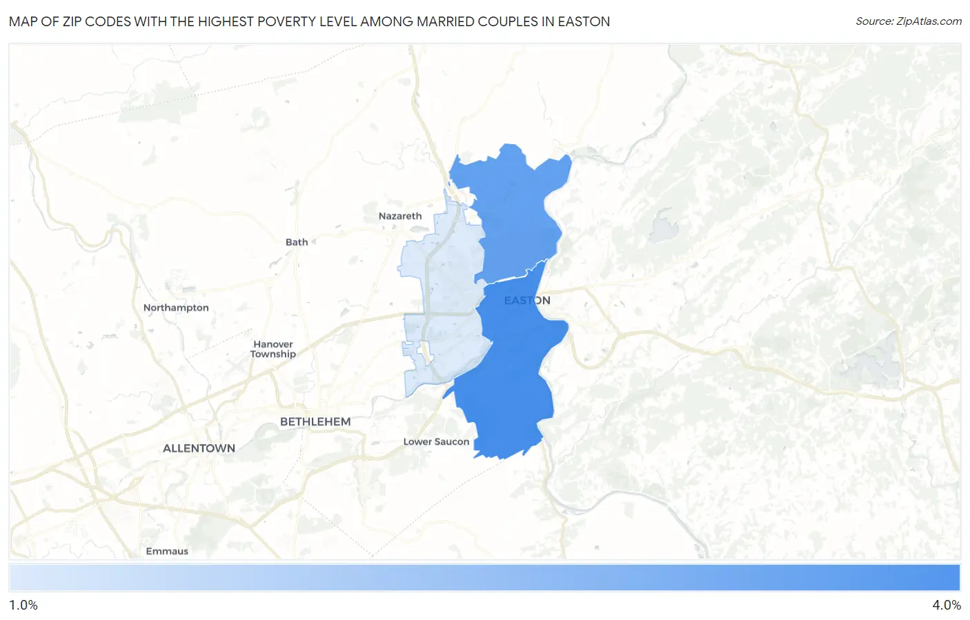 Zip Codes with the Highest Poverty Level Among Married Couples in Easton Map