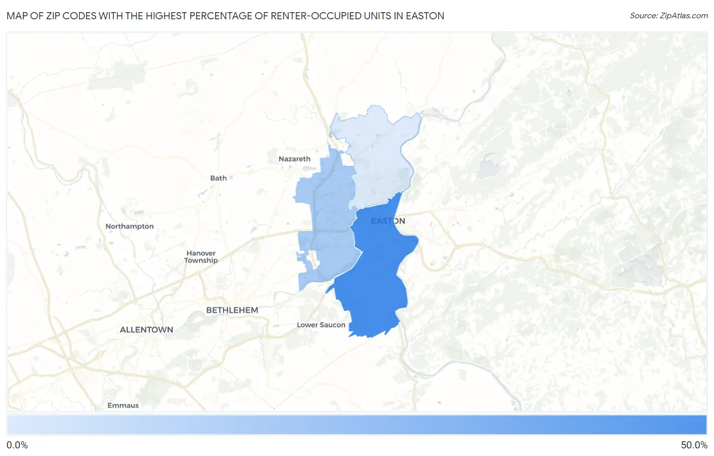 Zip Codes with the Highest Percentage of Renter-Occupied Units in Easton Map