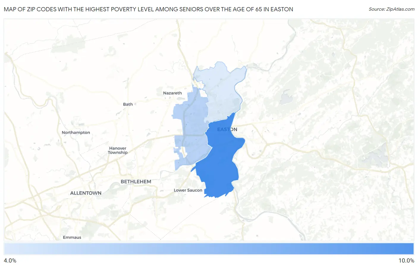 Zip Codes with the Highest Poverty Level Among Seniors Over the Age of 65 in Easton Map