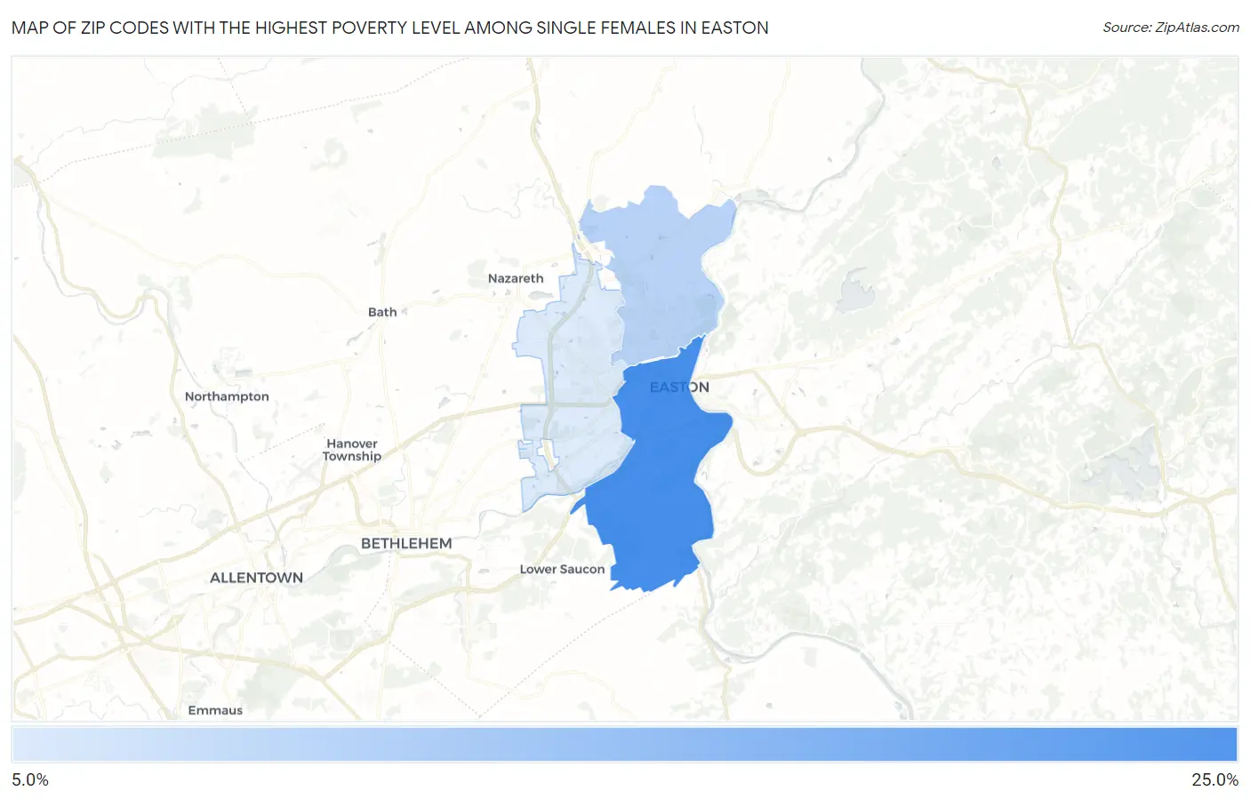 Zip Codes with the Highest Poverty Level Among Single Females in Easton Map