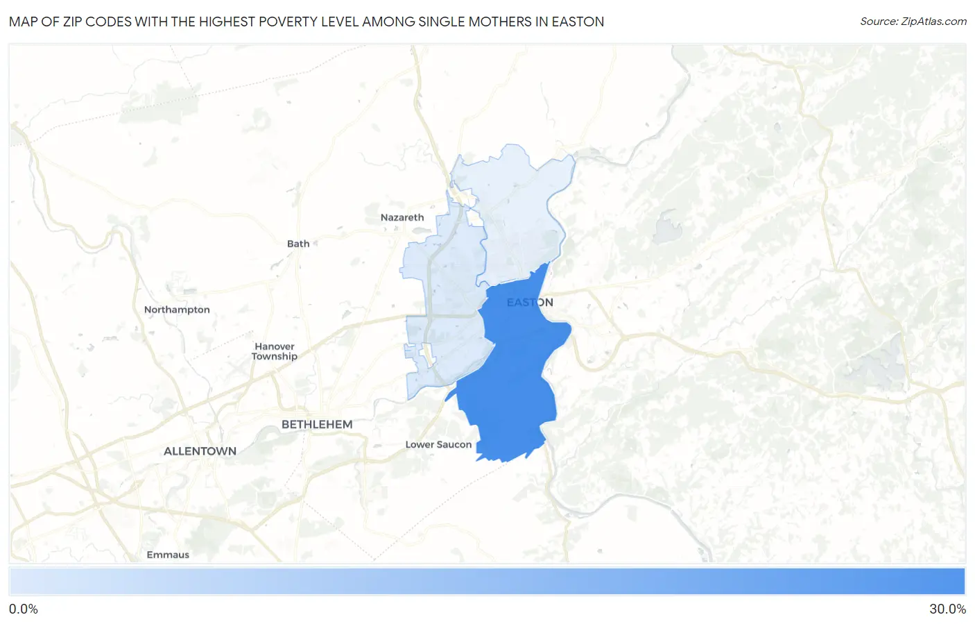 Zip Codes with the Highest Poverty Level Among Single Mothers in Easton Map
