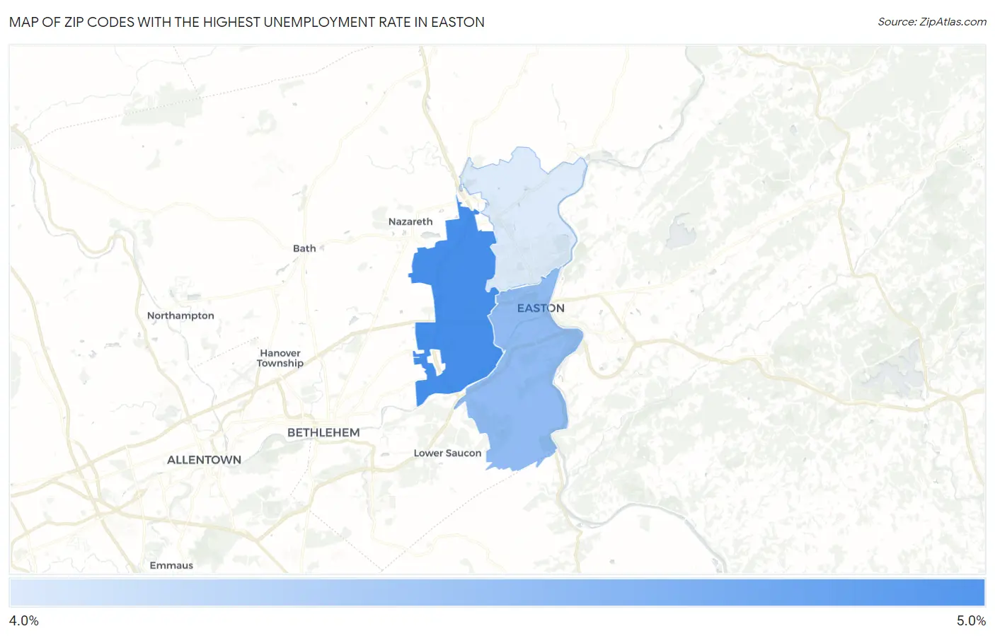 Zip Codes with the Highest Unemployment Rate in Easton Map