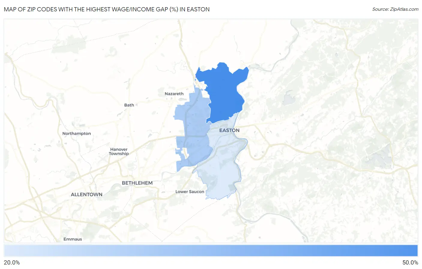 Zip Codes with the Highest Wage/Income Gap (%) in Easton Map