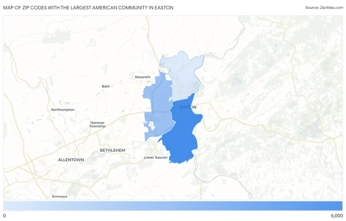 Zip Codes with the Largest American Community in Easton Map