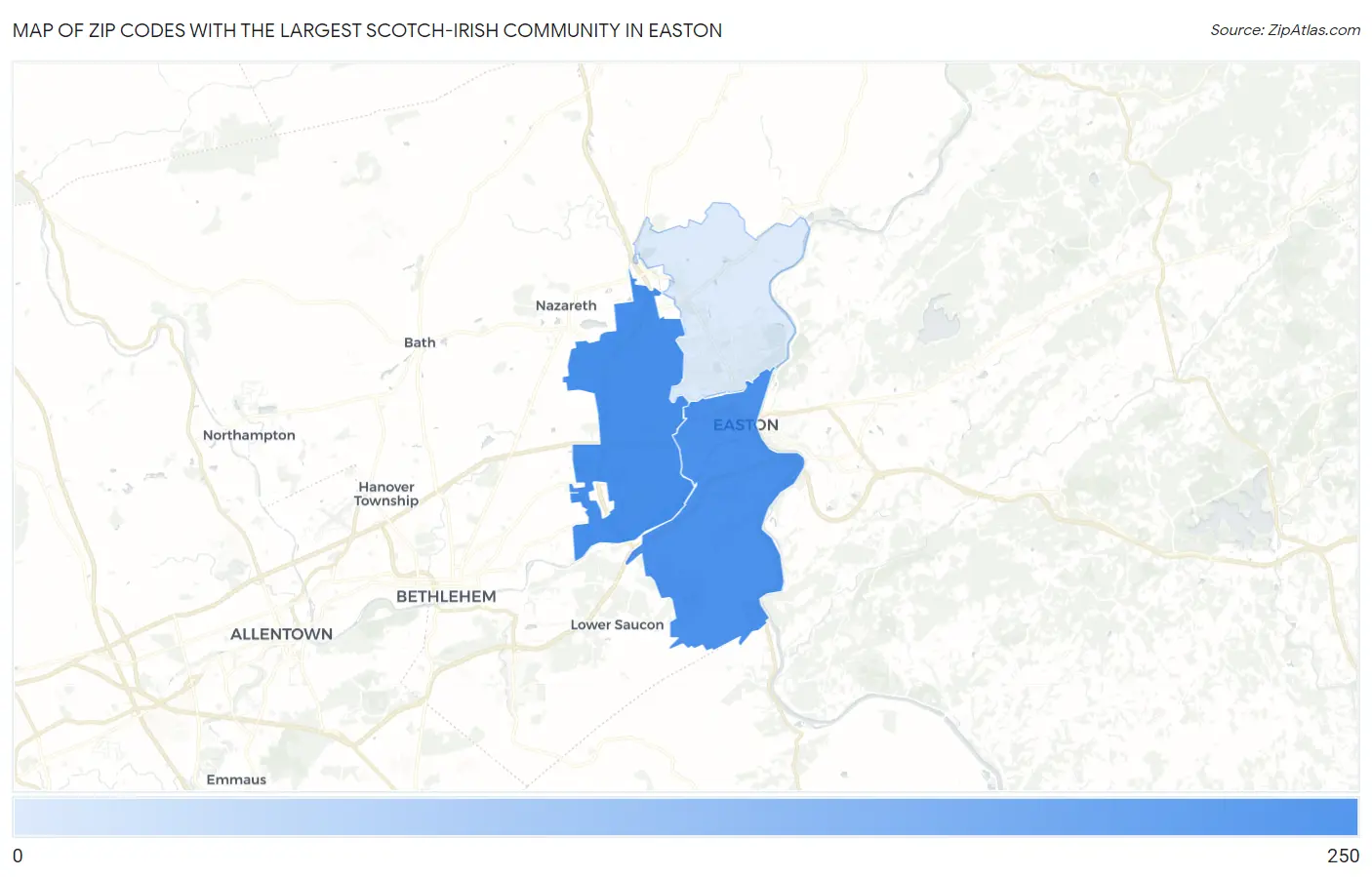 Zip Codes with the Largest Scotch-Irish Community in Easton Map