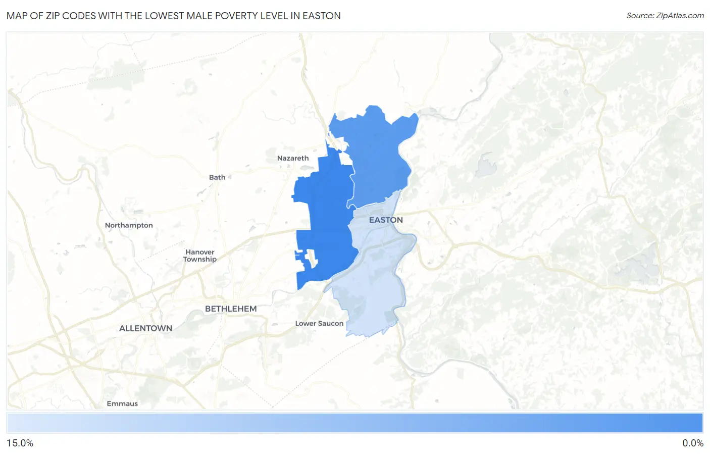 Zip Codes with the Lowest Male Poverty Level in Easton Map