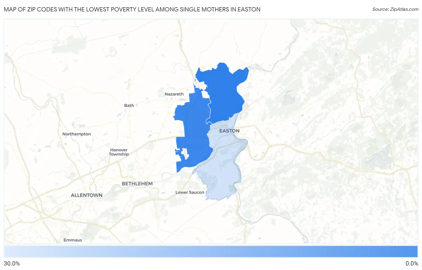 Zip Codes with the Lowest Poverty Level Among Single Mothers in Easton Map