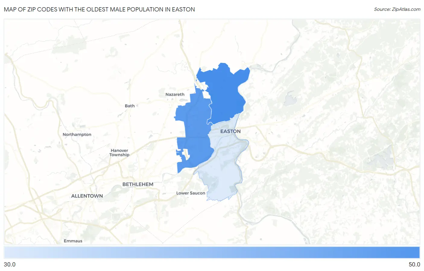 Zip Codes with the Oldest Male Population in Easton Map