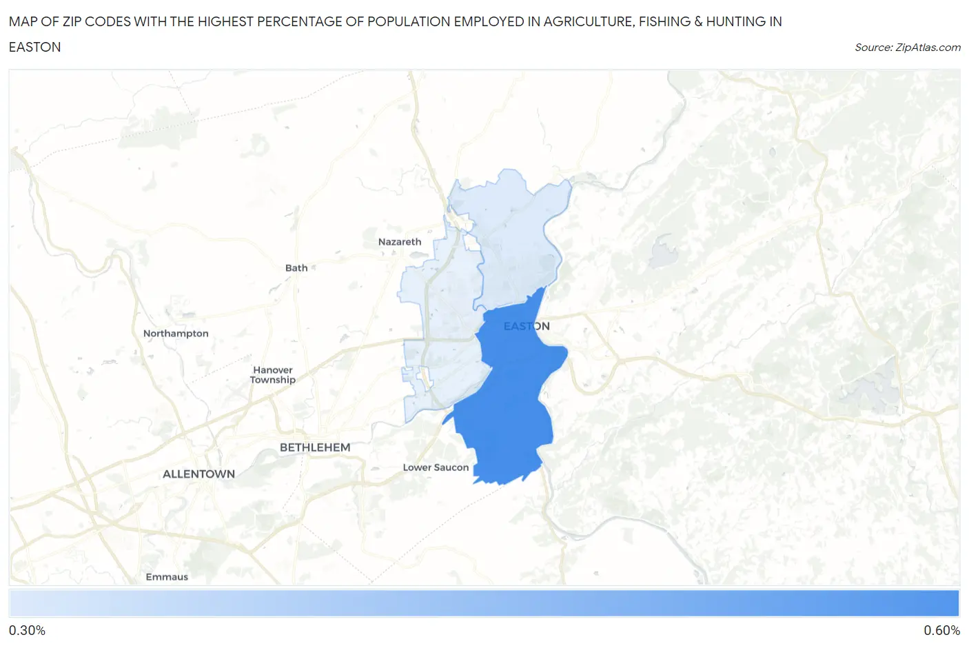 Zip Codes with the Highest Percentage of Population Employed in Agriculture, Fishing & Hunting in Easton Map