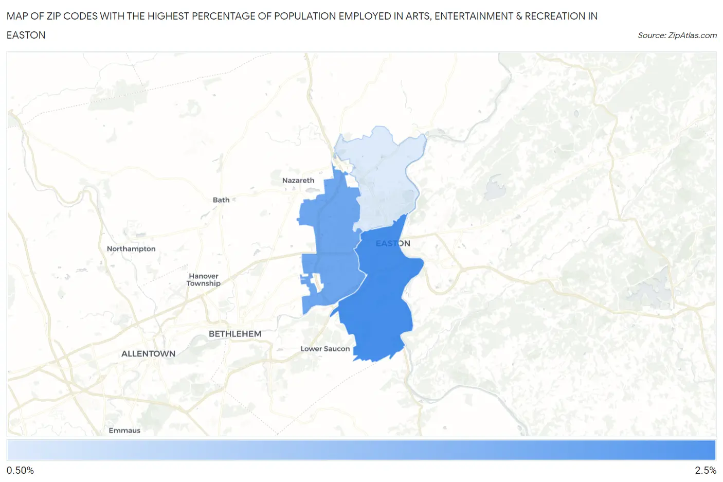 Zip Codes with the Highest Percentage of Population Employed in Arts, Entertainment & Recreation in Easton Map