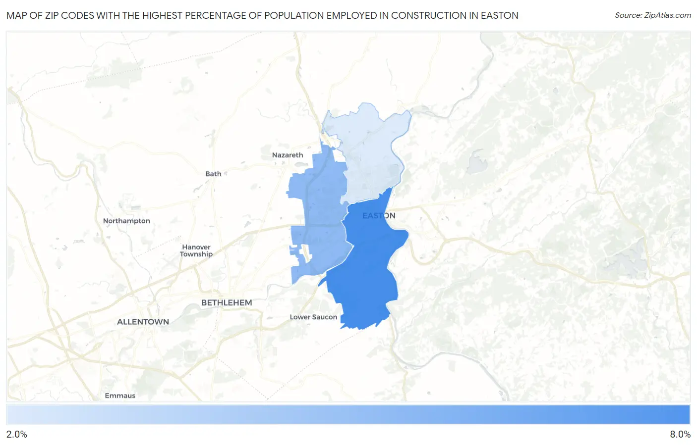 Zip Codes with the Highest Percentage of Population Employed in Construction in Easton Map