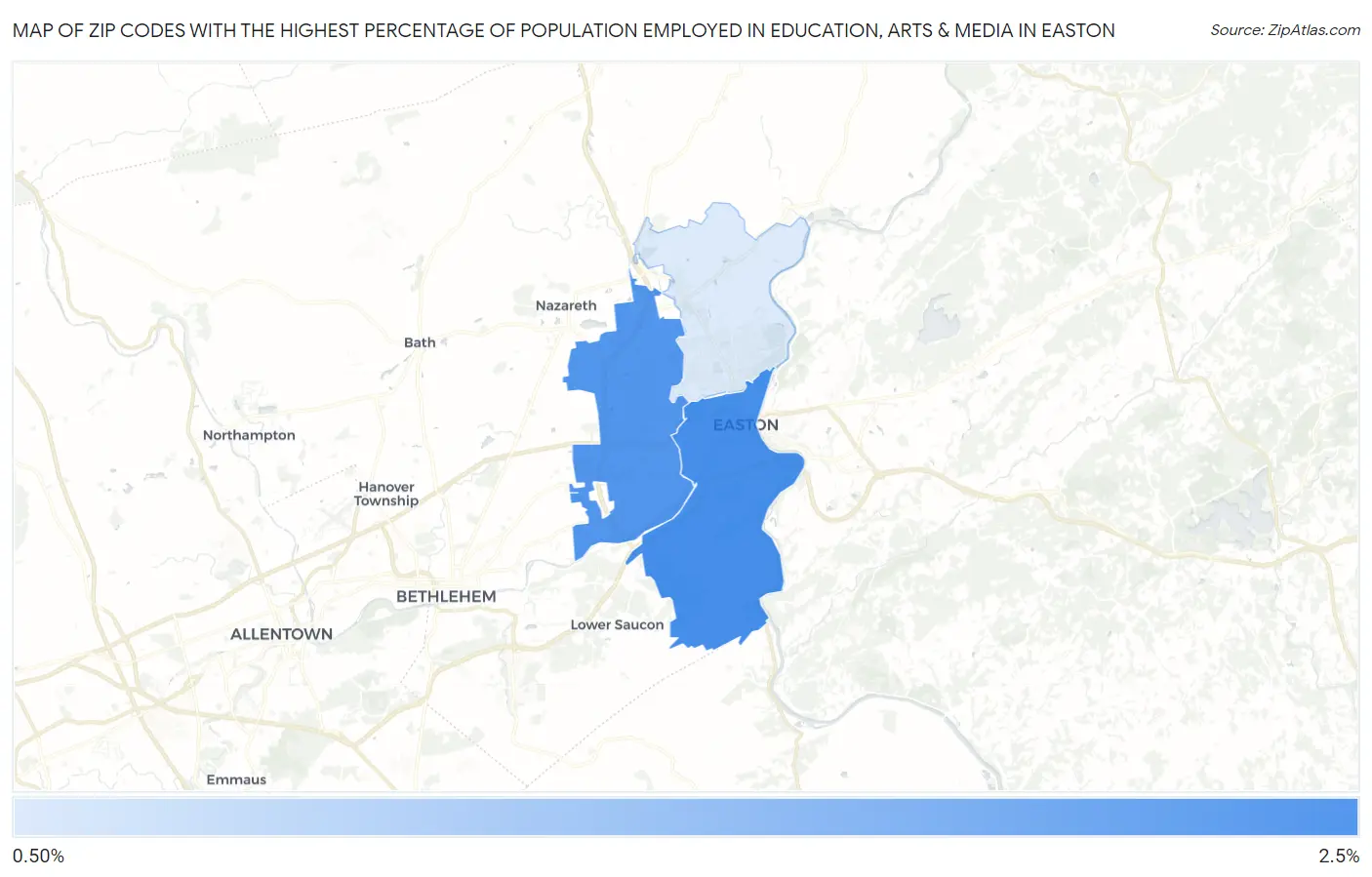 Zip Codes with the Highest Percentage of Population Employed in Education, Arts & Media in Easton Map